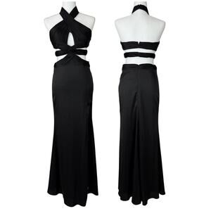 Mac Duggal NWT Black Pleated Cutout Satin Maxi Halter Gown Size XS Side Slit